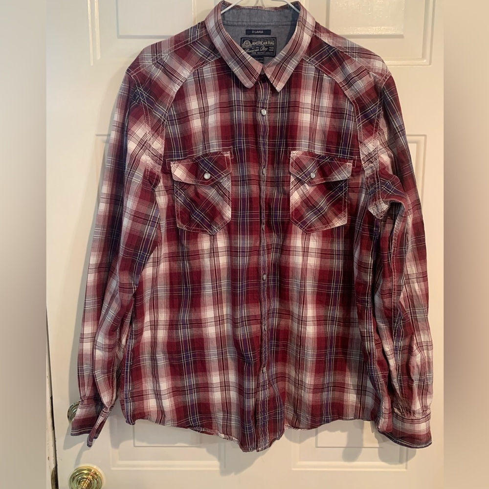 American Rag Pearl Snap Men's Plaid Shirt Size XLMaroon/White